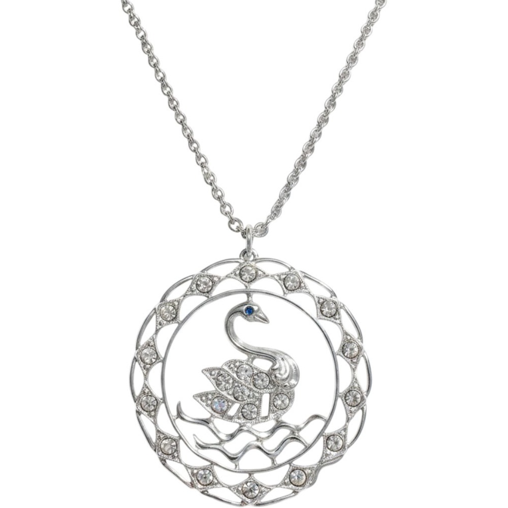Vintage‎ Sarah Coventry Silver Tone Rhinestone Swan Circle Pendant Necklace 22in